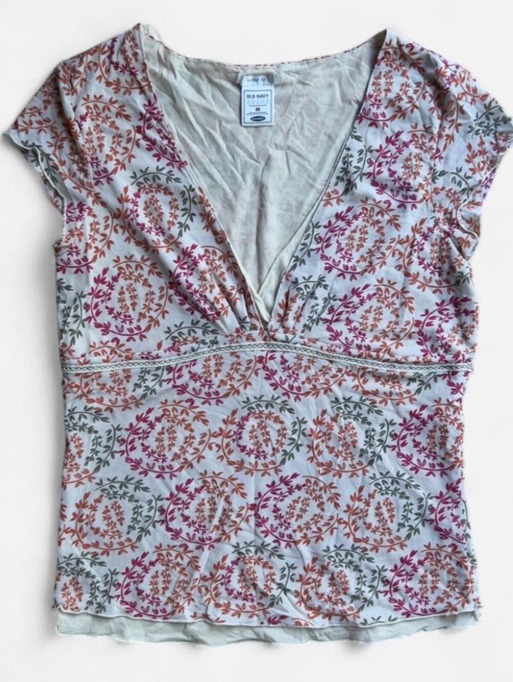 Old Navy Vintage Y2K Floral Nature Mesh V-neck Summer Blouse